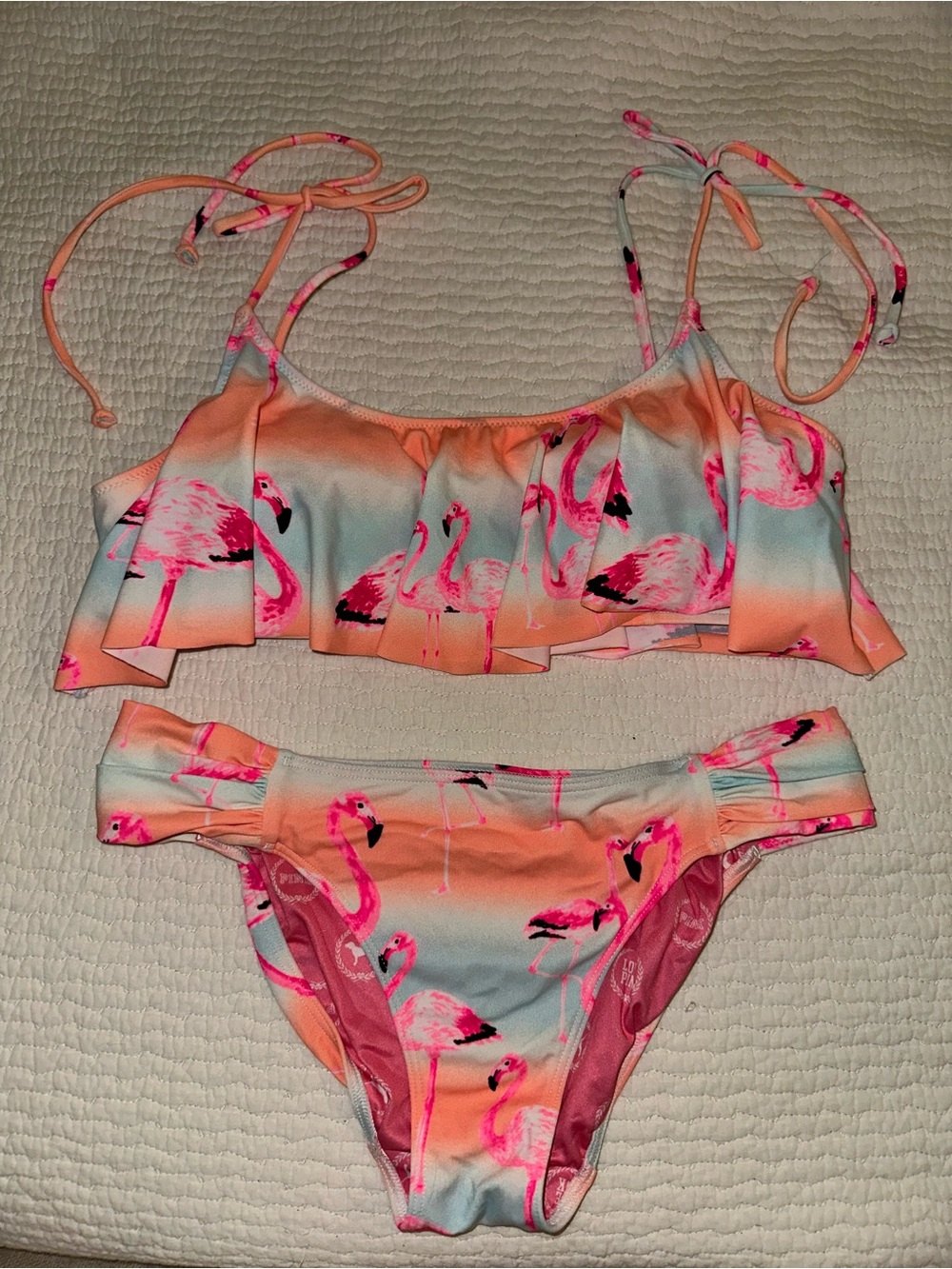 PINK Flamingo Print Ruffle Bikini Set - Peach & Aqua